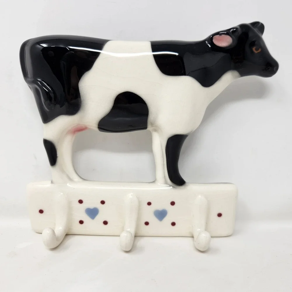 Vintage Clay Art 1987 Ceramic Cow Wall Hook Rack Black White Farmhouse Decor